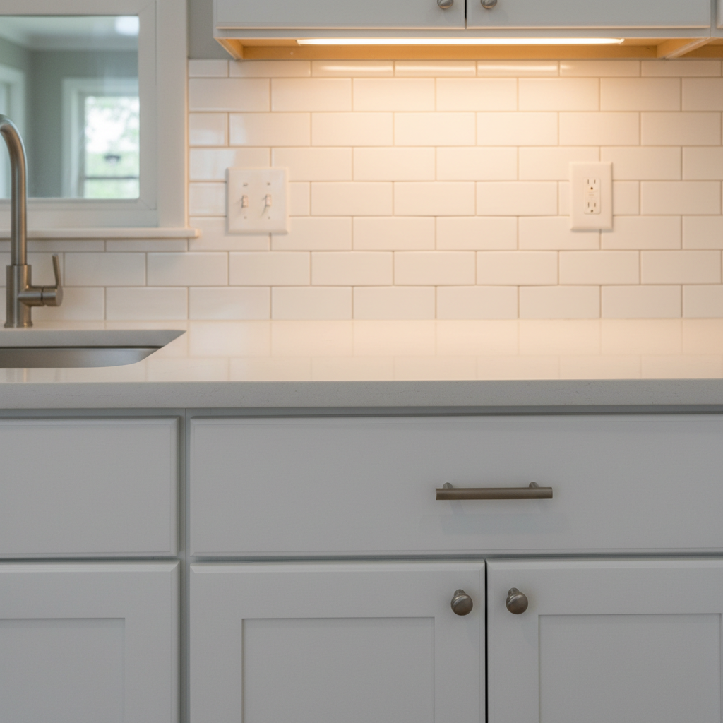A clean, photographic interior shot of a Columbia, Missouri kitchen corner showcasing a pest-free environment. The focus is on a pristine, light-gray quartz countertop meeting a white subway tile backsplash with perfectly aligned grout lines. Under-cabinet LED lighting casts a soft, warm glow, highlighting the smooth surfaces and casting faint, crisp shadows along the tile edges. A stainless-steel sink edge and a neatly closed lower cabinet with a brushed-nickel handle are visible, all spotless and free of clutter. Captured at eye level with shallow depth of field, the foreground surfaces are in sharp focus while the rest of the kitchen gently blurs, conveying hygiene, safety, and the effectiveness of professional pest control.