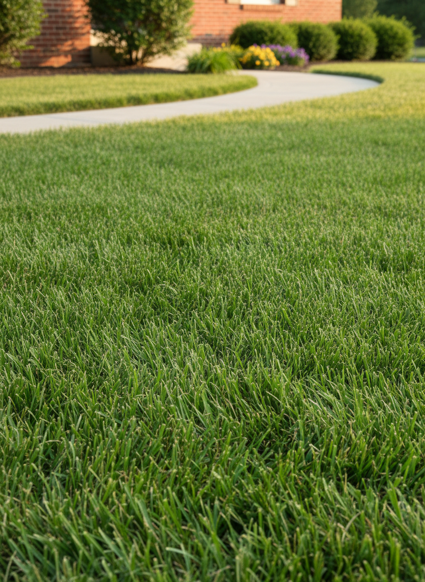 A close-up, photographic view of a lush, healthy green lawn stretching across a residential front yard in Columbia, Missouri, bordered by a clean concrete walkway and a tidy brick foundation. Individual grass blades are visible, dense and uniformly colored, with no brown spots or weeds. Soft late-afternoon sunlight casts a warm, even glow, creating gentle highlights on the grass tips and subtle shadows in the texture. In the softly blurred background, shrubs and a small flowering bed add depth and color. Captured from a low, slightly angled perspective with shallow depth of field, the scene feels calm, orderly, and professionally maintained, perfectly representing expert lawn care services.