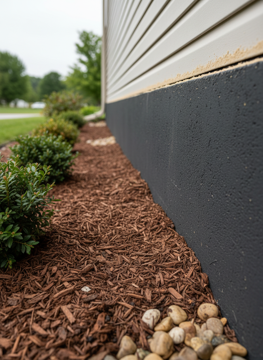 A photographic close-up of a residential home’s exterior foundation and mulch bed in Columbia, Missouri, highlighting preventative pest control. The shot focuses on the junction where the concrete foundation meets a carefully maintained bed of dark brown mulch, small river stones, and a few low evergreen shrubs. A precise, narrow perimeter treatment band is visible along the foundation, subtle yet clearly defined. Overcast daylight provides soft, even illumination, minimizing harsh shadows and allowing textures in the concrete, bark, and stones to stand out. Captured from a low, side angle with moderate depth of field, the foreground is crisp while the background yard gently softens, conveying a calm, controlled, and professionally protected environment.